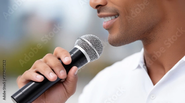 Obraz African American man holding microphone, smiling while speaking outdoors, showcasing confidence and engagement in a public speaking event with blurred background