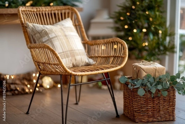 Obraz Boho holiday setup with rattan chair and greenery basket