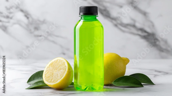 Obraz Green beverage bottle with black cap, surrounded by fresh lemons and green leaves on a marble surface, showcasing vibrant colors and refreshing nature