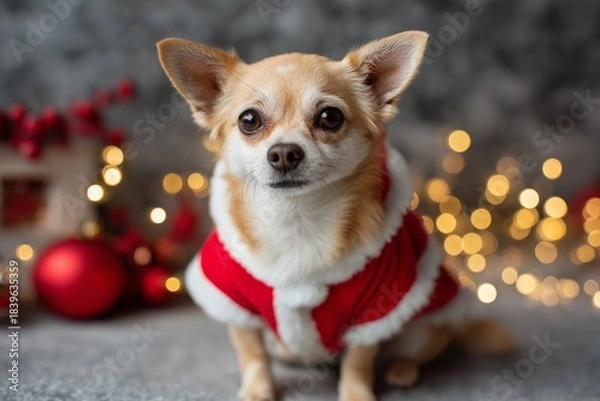 Obraz Festive chihuahua in Santa costume with red ornaments