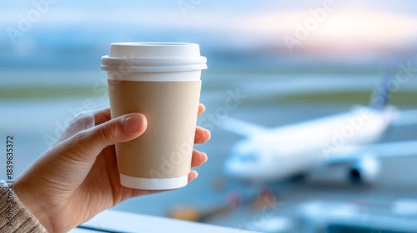 Obraz Hand holding a disposable coffee cup in an airport terminal, with an airplane visible in the background, capturing the essence of travel and relaxation before departure
