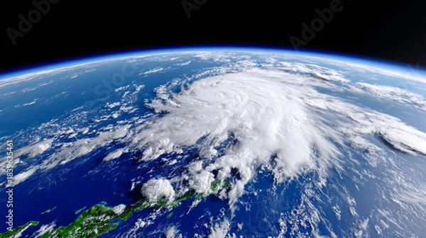 Obraz Satellite view of a powerful hurricane swirling over the ocean, showcasing dramatic cloud formations and vibrant blue waters, illustrating the intensity of nature's forces