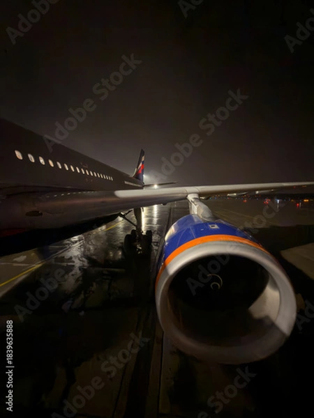 Fototapeta Russia, St.Petersburg, the plane is standing on the airport runway at night, many passengers are walking down the ramp to board the plane, a huge turbine on the wing of the aircraft