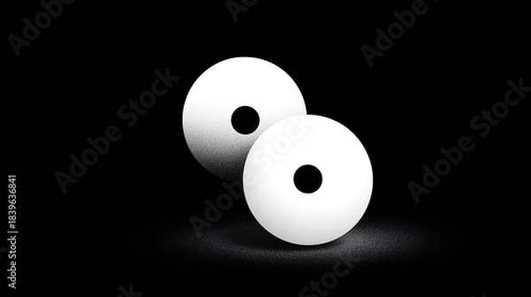 Fototapeta Two white spheres with black circles rest on a dark surface.