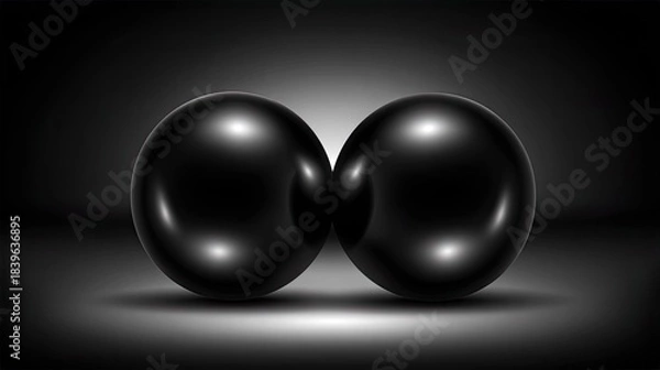 Fototapeta Two glossy black spheres sit together on a dark surface.