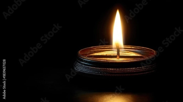 Fototapeta Single flame from a wick glows brightly in darkness.