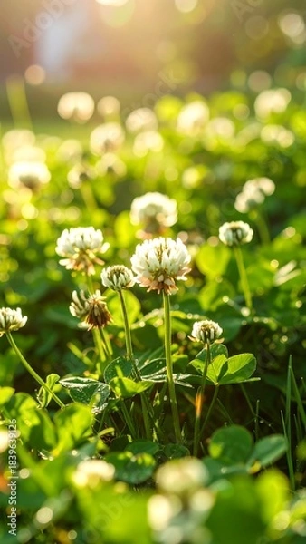 Obraz White clover field at sunset