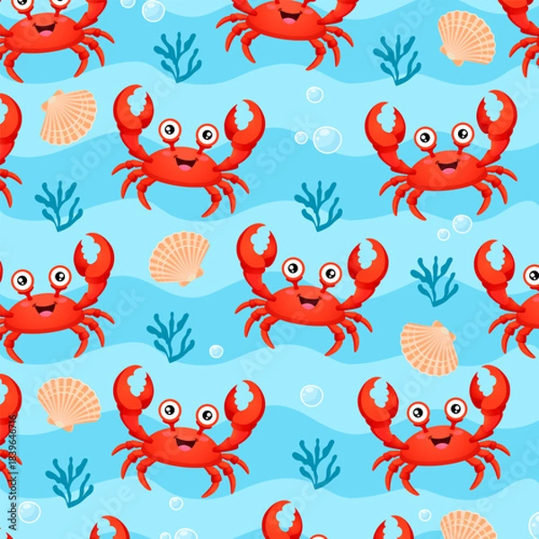 Fototapeta Vector seamless pattern of cute cartoon crabs on a blue wavy ocean background with seaweed, scallop shells, and bubbles, perfect for marine-themed designs, kids textiles, summer decor, beach projects