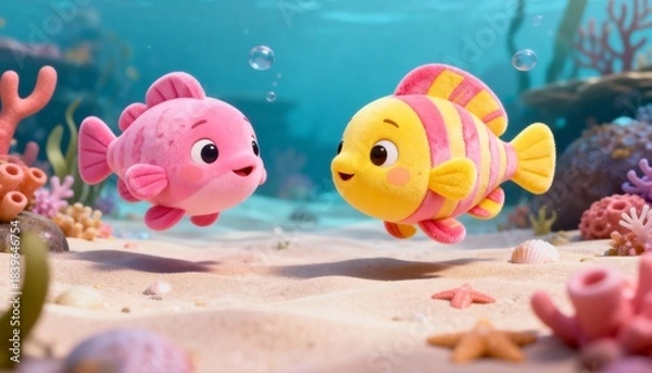 Fototapeta Two cute fluffy colorful fish swimming in a vibrant cartoon underwater scene, surrounded by soft coral reefs and marine plants — adorable kids ocean illustration in a charming plush, fluffy art style.