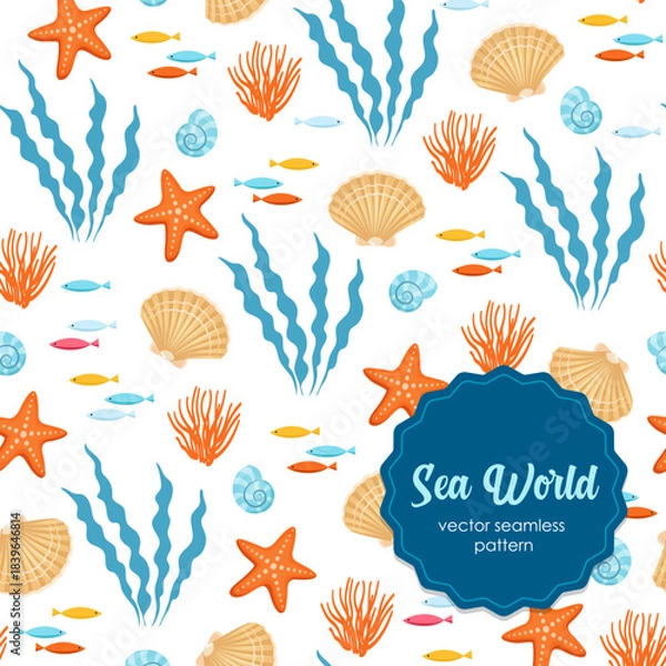 Fototapeta Vector seamless undersea pattern with starfish, seashells, colorful fish, coral and seaweed on a white background — ocean marine life illustration for summer designs.
