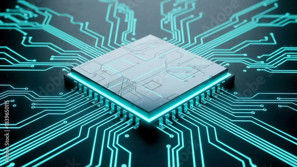 Fototapeta ネオン光で青くきらきら光る回路が基板上を走り、なめらかな質感とともに未来的な雰囲気を演出するCG表現です。テクノロジーの進歩や希望を象徴