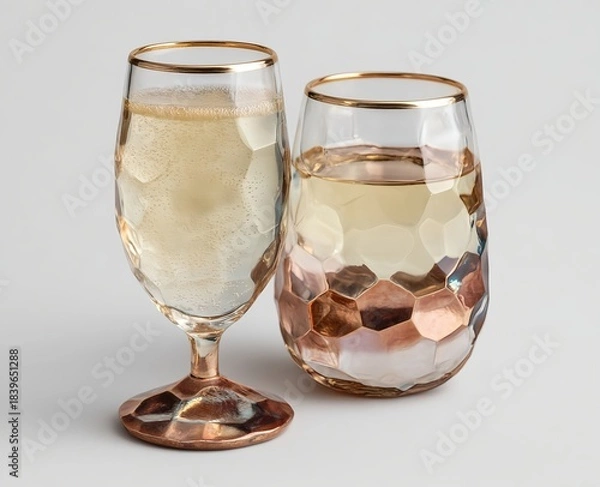 Fototapeta Romantic celebration setting featuring pearlescent glasses surrounded by soft blooms and gentle light
