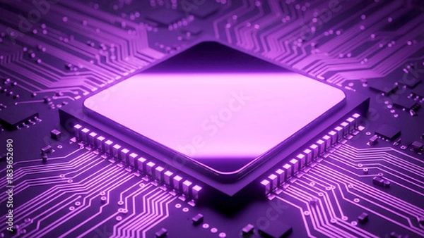Fototapeta ネオン光で青と紫にきらきら光る回路が基板上を走り、なめらかな質感とともに未来的な雰囲気を演出するCG表現です。テクノロジーの進歩や希望を象徴