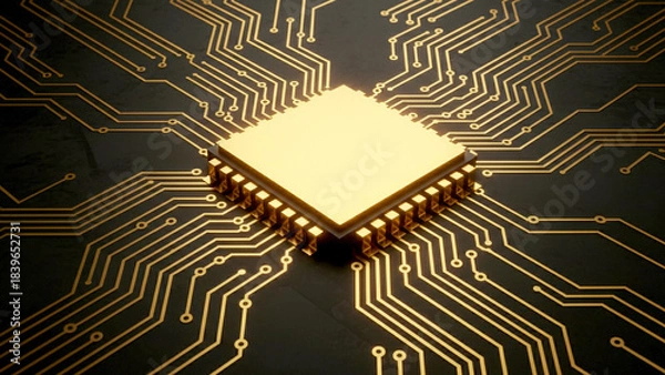 Fototapeta ネオン光で金色にきらきら光る回路が基板上を走り、なめらかな質感とともに未来的な雰囲気を演出するCG表現です。テクノロジーの進歩や希望を象徴