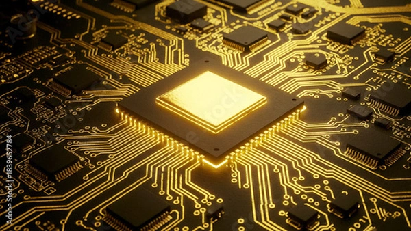Fototapeta ネオン光で金色にきらきら光る回路が基板上を走り、なめらかな質感とともに未来的な雰囲気を演出するCG表現です。テクノロジーの進歩や希望を象徴