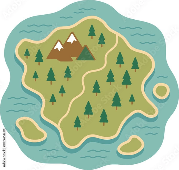 Fototapeta Cartoon map illustration of a lush green island featuring mountains trees and surrounding blue ocean water