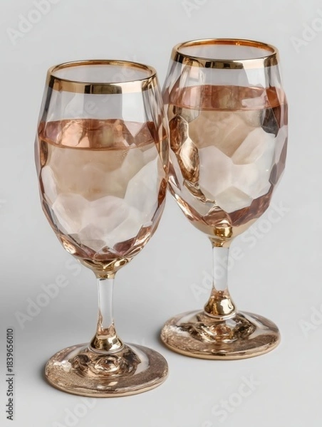 Fototapeta Two faceted champagne goblets illuminated by soft reflections and delicate metallic elegance
