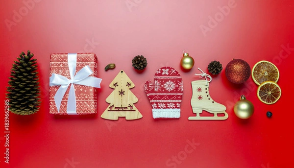 Fototapeta Flat lay of Christmas decorations and gifts on a red background, featuring a pinecone, wrapped present, wooden tree, sweater, ice skates, ornaments, and dried orange slices, evoking a merry