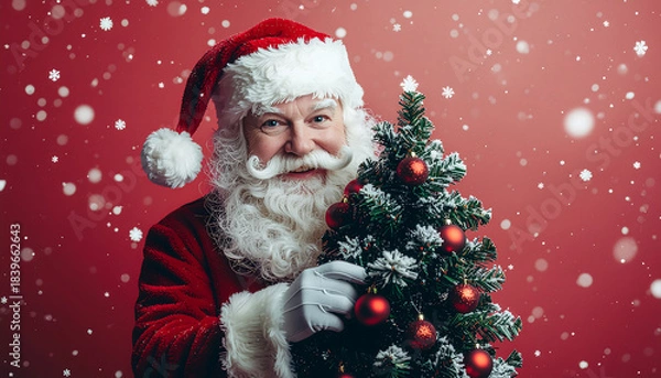 Fototapeta Santa Claus holding a decorated Christmas tree with red ornaments and smiling, set against a snowy red background with a shallow depth of field, conveying a merry Christmas mood.