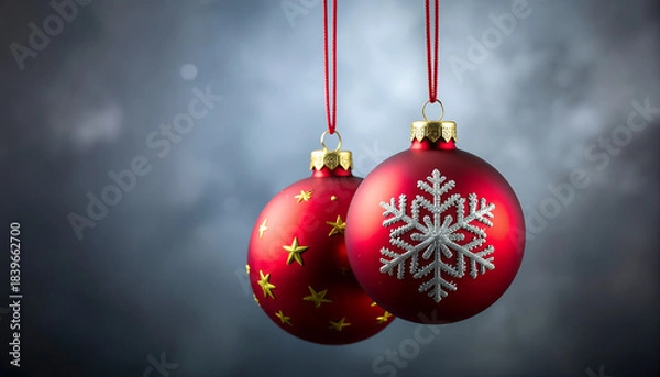 Fototapeta Merry Christmas ornaments hanging from a red string against a dark, blurry background with a festive mood.