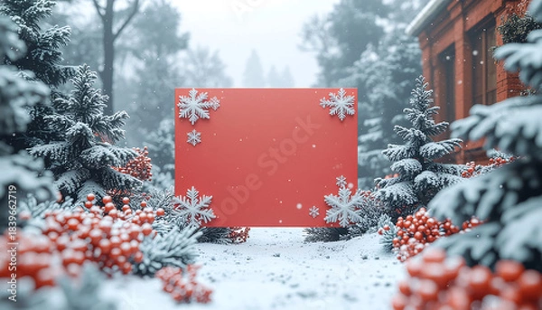 Fototapeta A large red sign with snowflakes stands amidst snowy evergreen trees, holly, and a house in a serene winter wonderland scene, conveying a merry Christmas atmosphere with a shallow depth of