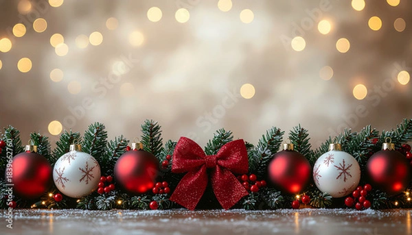 Fototapeta Merry Christmas decorative border with red and white ornaments, pine branches, and a red bow on a wooden surface against a warm, blurry background with golden lights.
