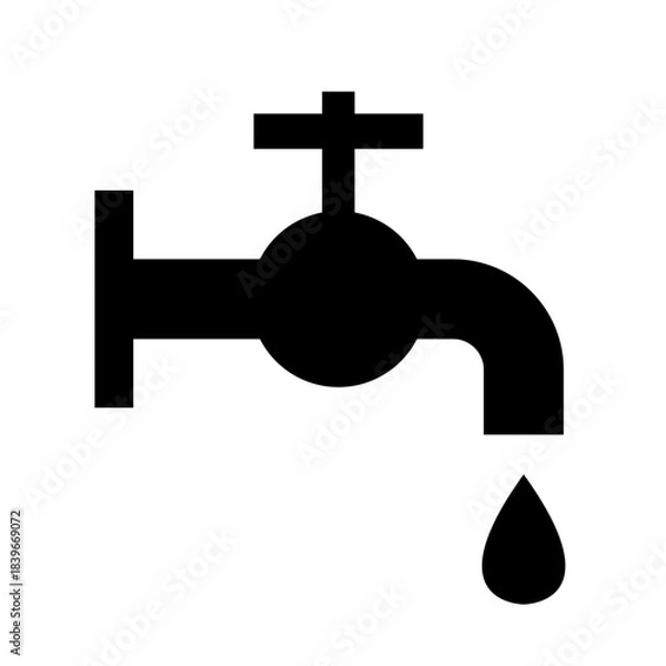 Fototapeta Water Tap and Drop or Droplet Black Silhouette Style Sign Symbol Icon. Vector Image.