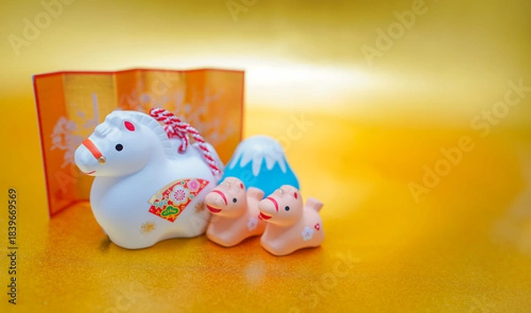 Obraz 親子の干支馬と富士山