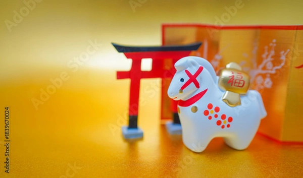 Obraz 午の置物と鳥居の飾り