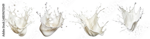 Obraz PNG Dynamic milk splash sequence, element set on transparent background