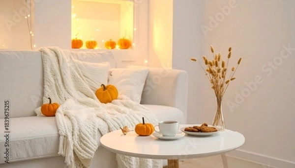 Fototapeta Cozy autumn living room with white sofa, knit blanket, decorative pumpkins, hot coffee, cookies, and warm string lights