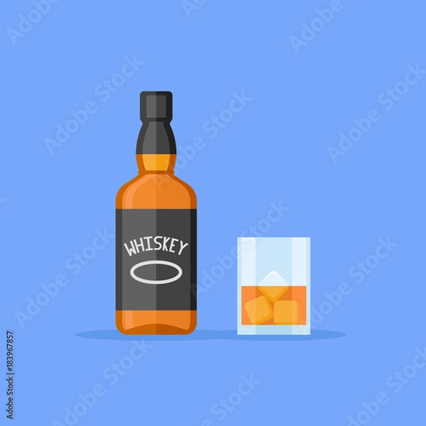 Obraz Butelka i kieliszek whisky z lodem na białym tle na niebieskim tle. Ilustracja wektorowa płaski.