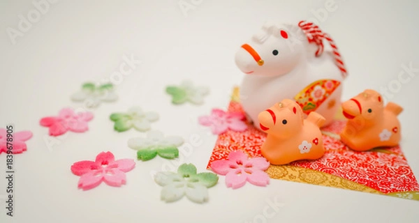 Obraz 桜と午親子の正月背景