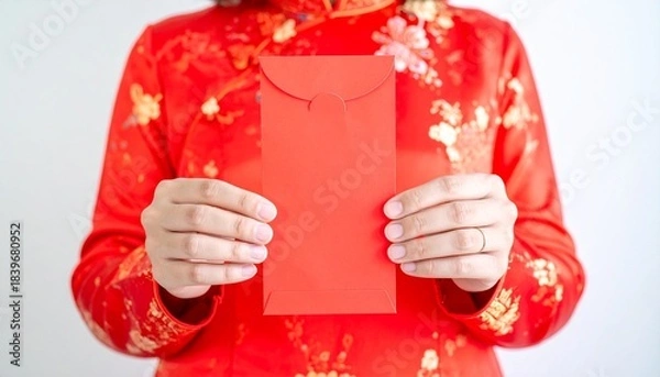 Fototapeta Hands Holding Festive Red Envelope: Chinese New Year Concept for Gifting and Good Fortune