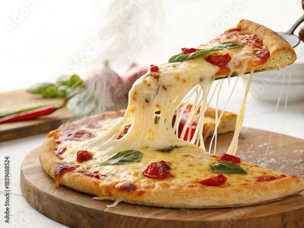 Obraz Levitating Pepperoni Pizza Slice with Dynamic Cheese Pull