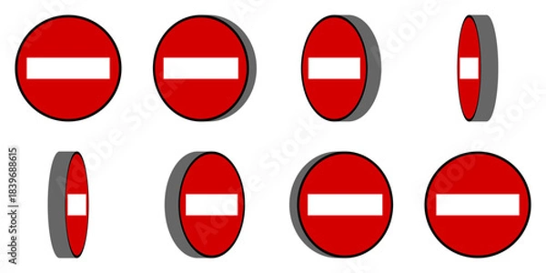 Fototapeta 8 Frame Sprite Sheet of Red and White Round Stop Sign Do Not Enter or Closed Symbol Icon Set with Outline for Game or App Animation. Vector Image.
