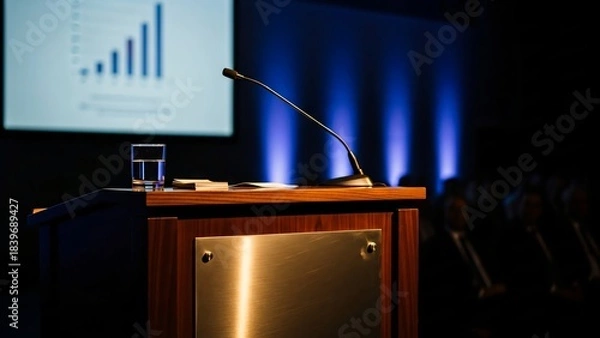 Fototapeta Business Presentation Podium with Growth Chart Backdrop Conference Speaker Event Stage Setup