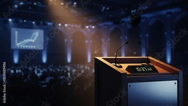 Fototapeta Conference Podium Stage Presentation Business Event Public Speaking Audience Success Stock Photo