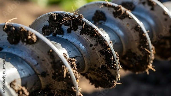 Obraz Close-up of Industrial Auger Screw with Earth, Precision in Earthworks