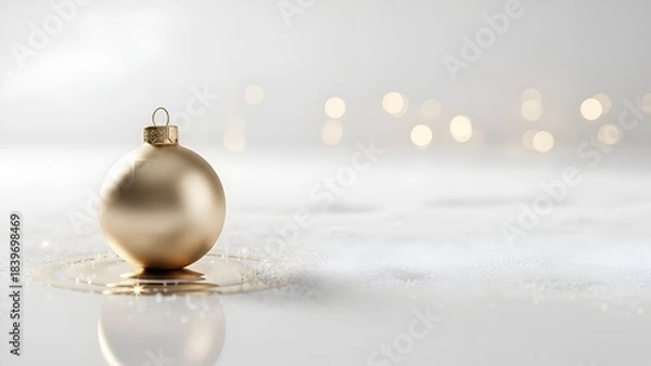 Fototapeta Elegant Golden Christmas Bauble on Shiny Surface with Soft Bokeh Background
