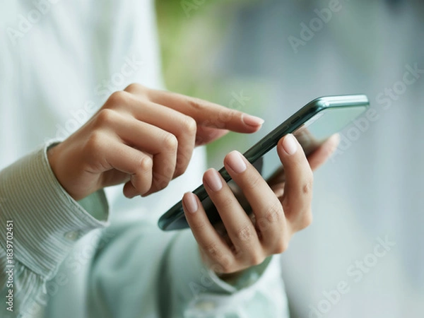 Obraz スマホを操作する女性の手元　A close-up of a woman's hands operating a smartphone　Generative AI