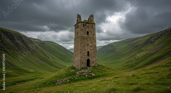 Obraz Ancient Stone Tower in Dramatic Scottish Highlands Landscape