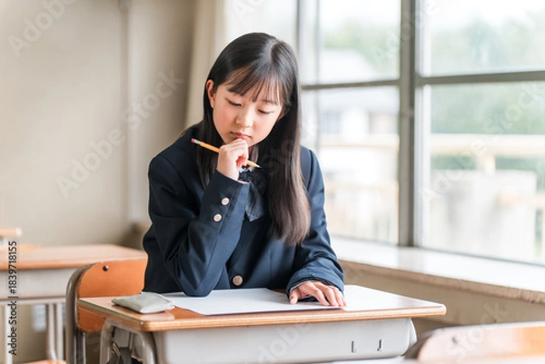 Fototapeta 学校の教室・塾の授業でテストを受ける小学生,中学生,高校生の女の子
