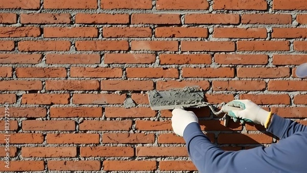 Fototapeta A bricklayer meticulously working on a red brick wall