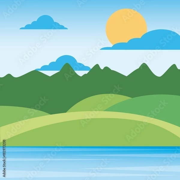 Fototapeta nature landscape mountains with sky sun clouds hills and grass rural scenery vector illustration