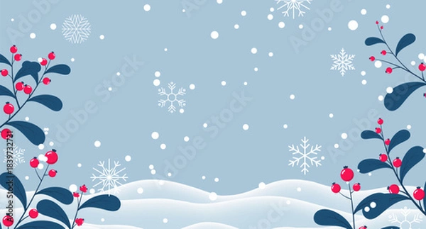 Fototapeta Winter background with branches and berries. Falling snow with snowflakes. Winter snowy background for banner, poster, wallpaper, greeting card, advertising
