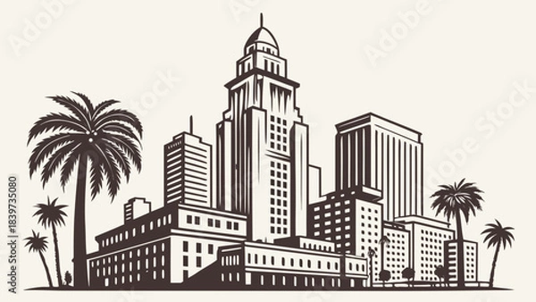 Fototapeta Los angeles skyline with palmlined cityscape, a sunny scene reminiscent of californias coast, perfect for travel brochures or website banners.