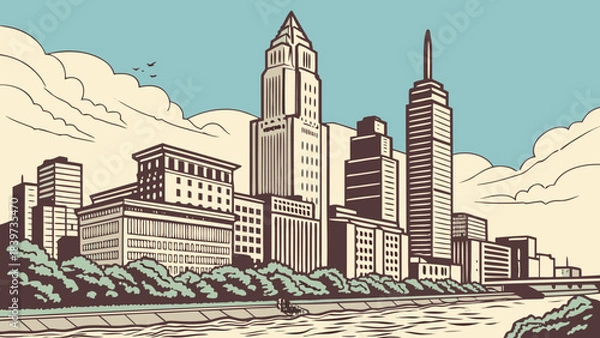 Fototapeta Philadelphia skyline cityscape with tall buildings, trees, and river suitable for travel brochures, websites, and editorial content on urban landscapes.