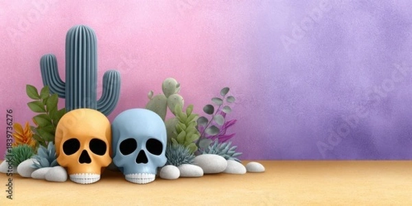 Obraz Minimalist background decorated with skulls and cacti