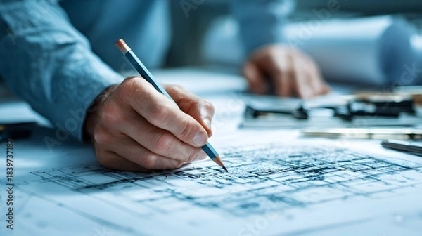 Obraz Skilled professional drawing precise technical plans with a graphite writing instrument